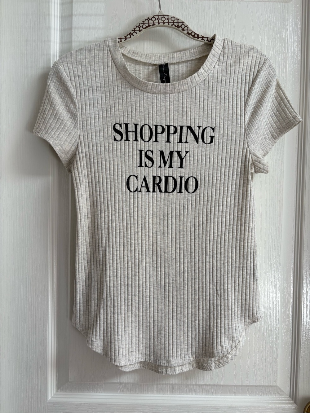 Women's Ribbed Short-Sleeve Tee "Shopping Is My Cardio" - light grey cream
